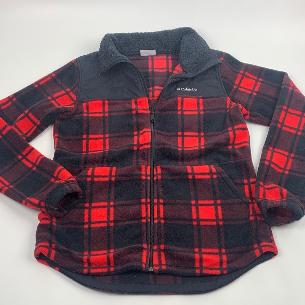 Columbia Black Red Buffalo Plaid Fleece Full Zip Jacket Sz Small Sherpa collar